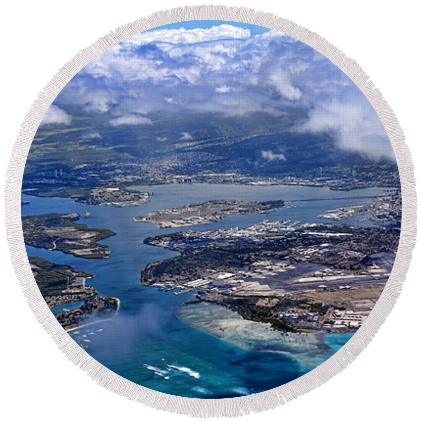 pearl Harbor Round Beach Towel featuring the photograph Pearl Harbor Aerial View by Dan McManus