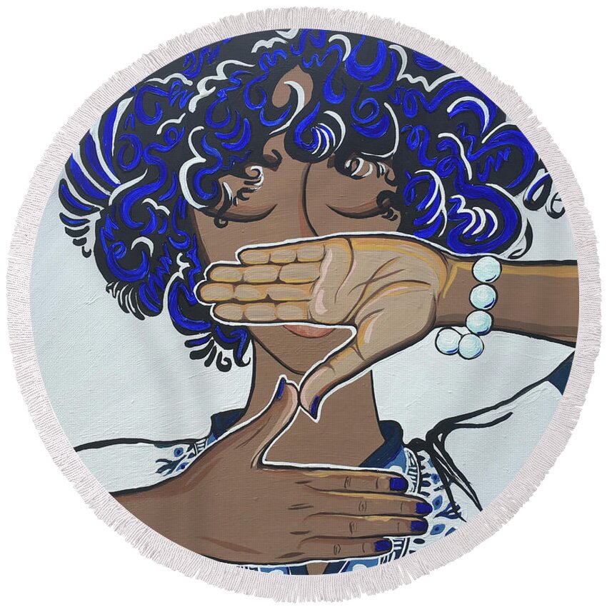 Pearls Round Beach Towel featuring the painting Pearls and Dashiki by Alisha Lewis