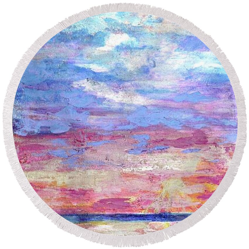 Pearly Sunset Round Beach Towel featuring the painting Pearly Sunset by Debi Starr