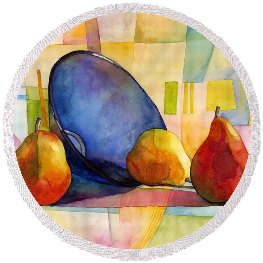 Pear Round Beach Towel featuring the painting Pears and Blue Bowl by Hailey E Herrera
