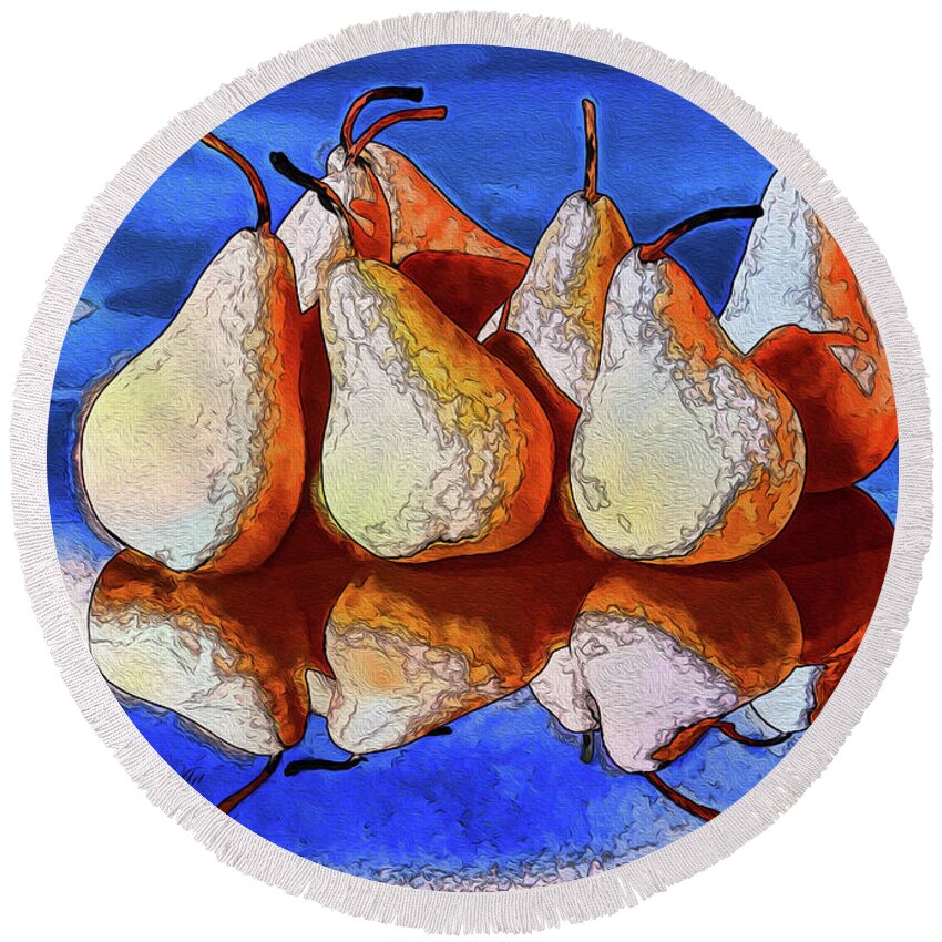 Pears Round Beach Towel featuring the digital art 7 Golden Pears by OLena Art by Lena Owens - Vibrant DESIGN