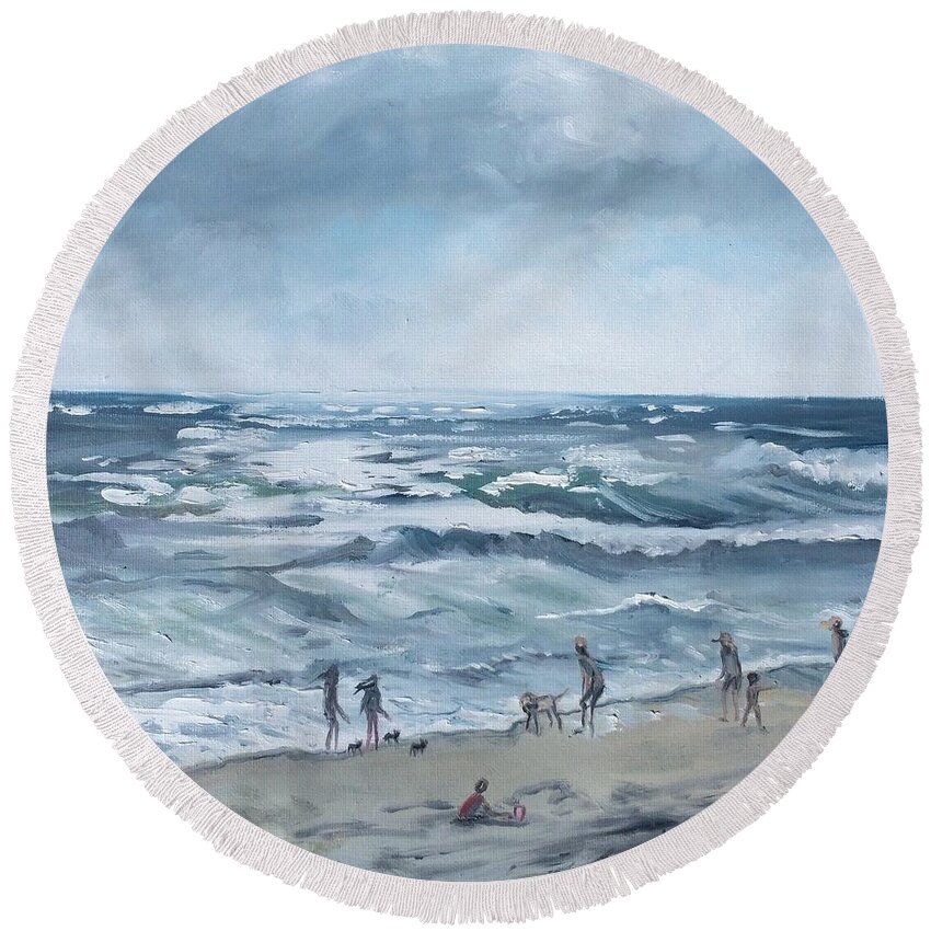 Ocean Round Beach Towel featuring the painting Peek of Blue by Maggii Sarfaty