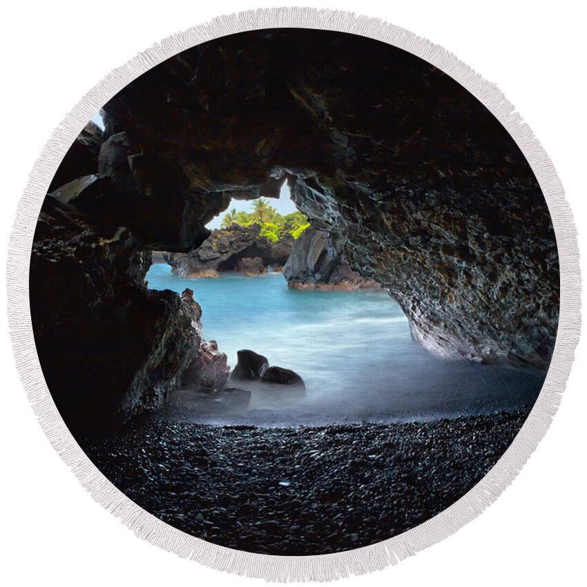 Hana Round Beach Towel featuring the photograph Peeking Through the Lava Tube by Susan Rissi Tregoning