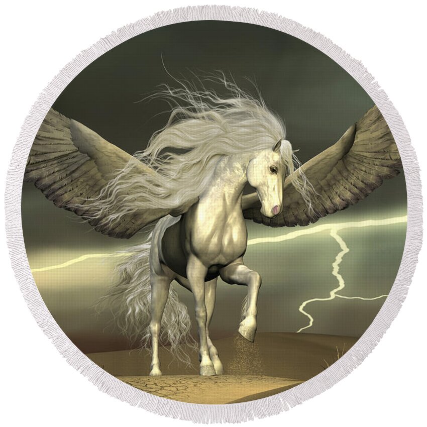 Pegasus Round Beach Towel featuring the painting Pegasus and Dark Skies by Corey Ford