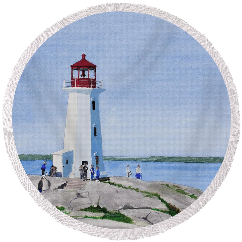 Peggy's Point Round Beach Towel featuring the painting Peggy's Point Lighthouse by Mike Robles