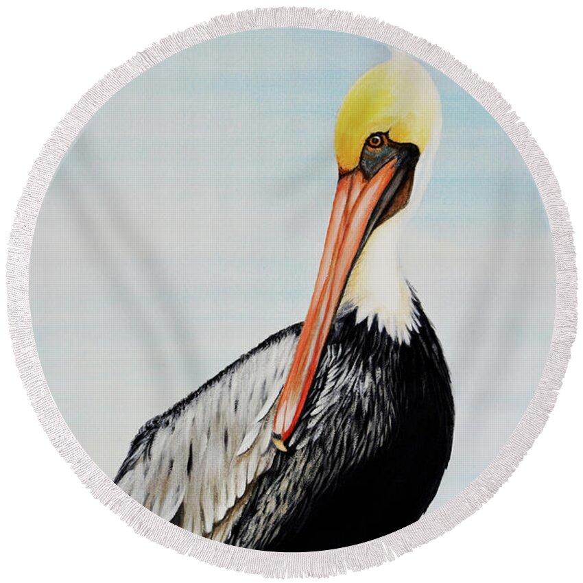 Pelican Round Beach Towel featuring the painting Pelican At The Marina by Jimmie Bartlett