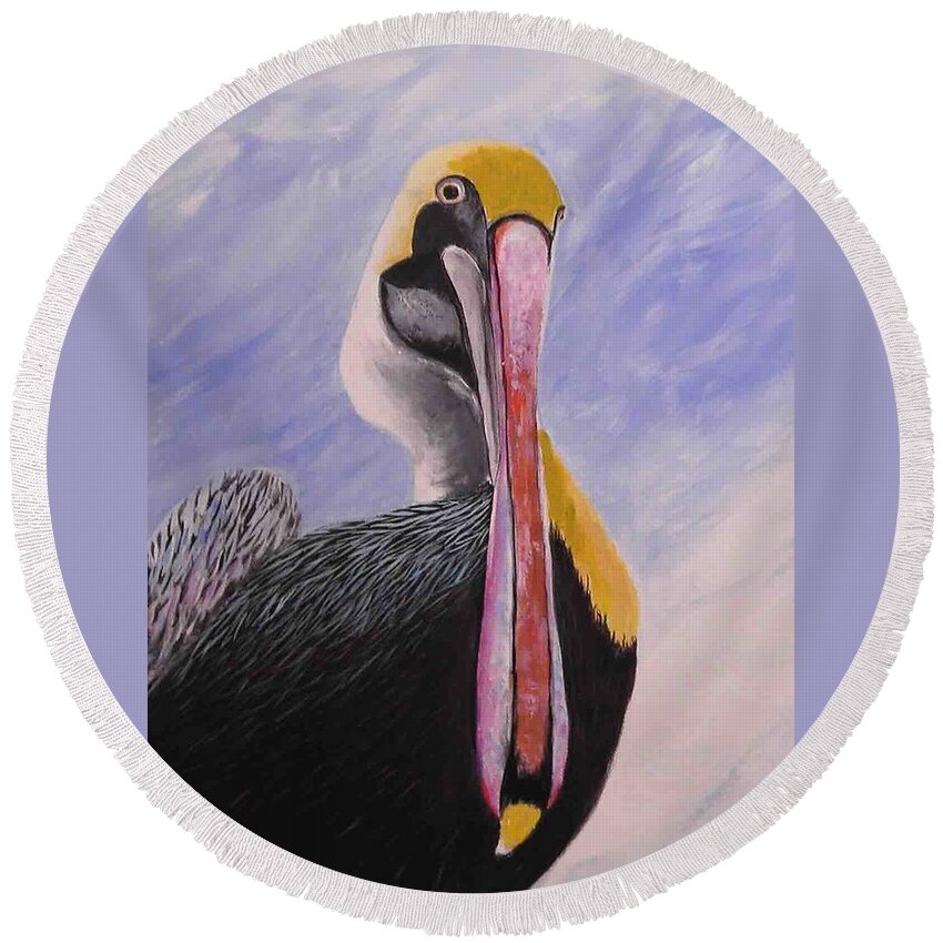Pelican Round Beach Towel featuring the painting Pelican Head by Anne Marie Brown