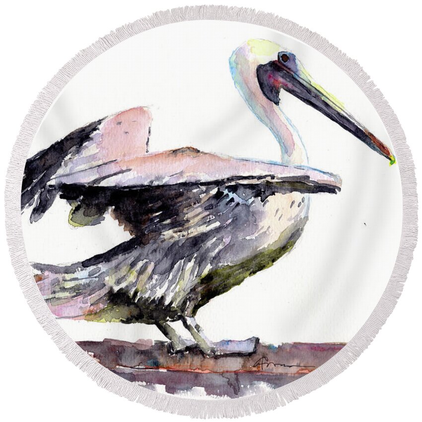 Pelican Round Beach Towel featuring the painting Pelican Landing by Claudia Hafner