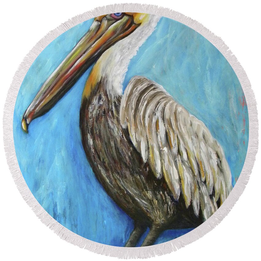 Pelican Round Beach Towel featuring the painting Pelican on Post by JoAnn Wheeler