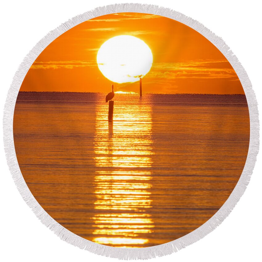 Pelicans Round Beach Towel featuring the photograph Pelican Sunset by Metaphor Photo