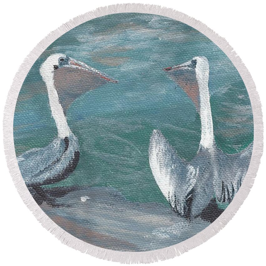Pelicans Round Beach Towel featuring the painting Pelicans at Fort Pierce by Mike Jenkins