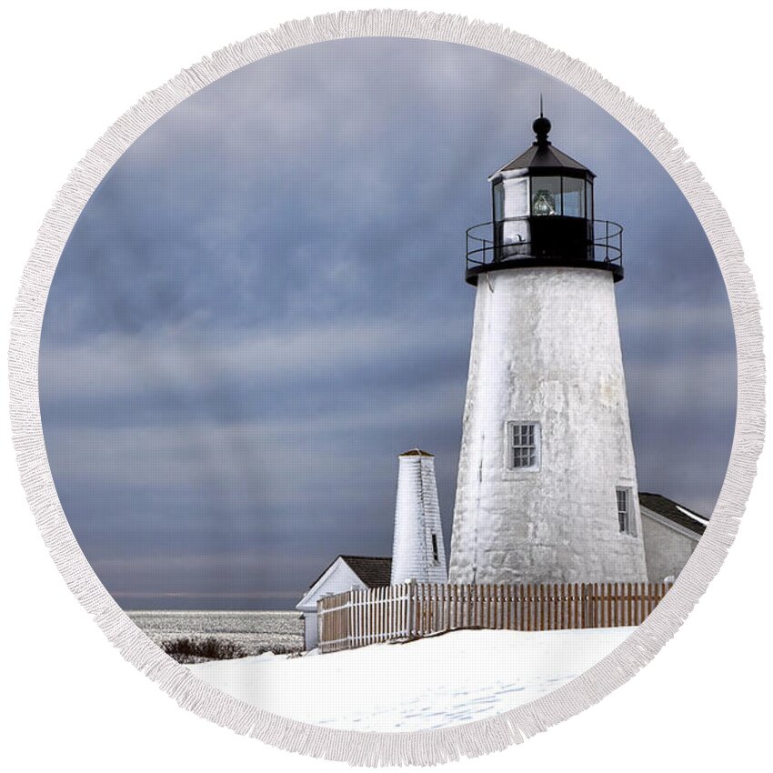 Maine Round Beach Towel featuring the photograph Pemaquid Point Lighthouse in Winter by Olivier Le Queinec