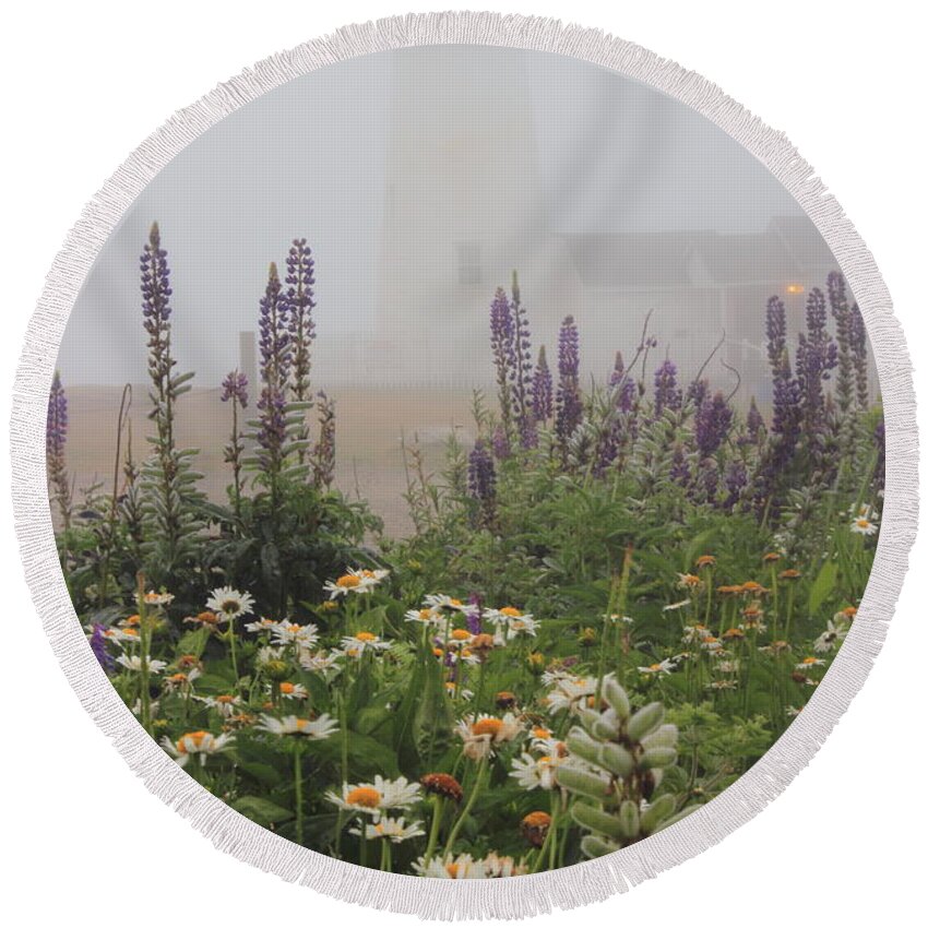 Lighthouse Round Beach Towel featuring the photograph Pemaquid Point Lighthouse Lupines and Flowers in Fog by John Burk