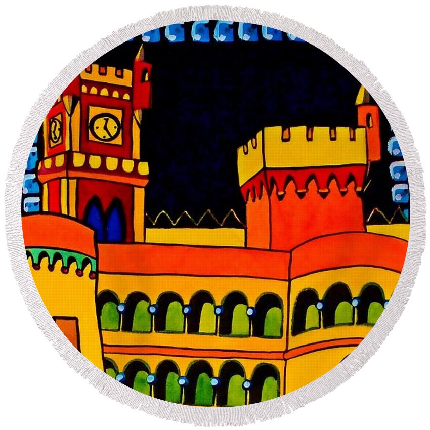 Castle Round Beach Towel featuring the painting Pena Palace Portugal by Dora Hathazi Mendes