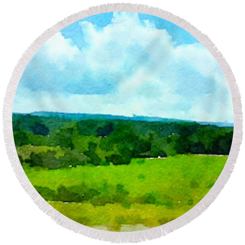 Watercolor Landscape Round Beach Towel featuring the painting Pennsylvania Landscape by Joan Reese