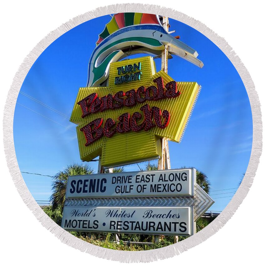 Pensacola Round Beach Towel featuring the photograph Pensacola Beach Sign by Keith Stokes