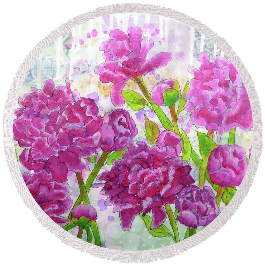 Peony Round Beach Towel featuring the painting Peony Profusion by Lisa Crisman
