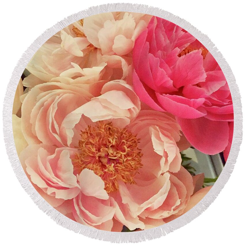 Peonies Pink Petals Light Round Beach Towel featuring the photograph Peony Series 1-3 by J Doyne Miller