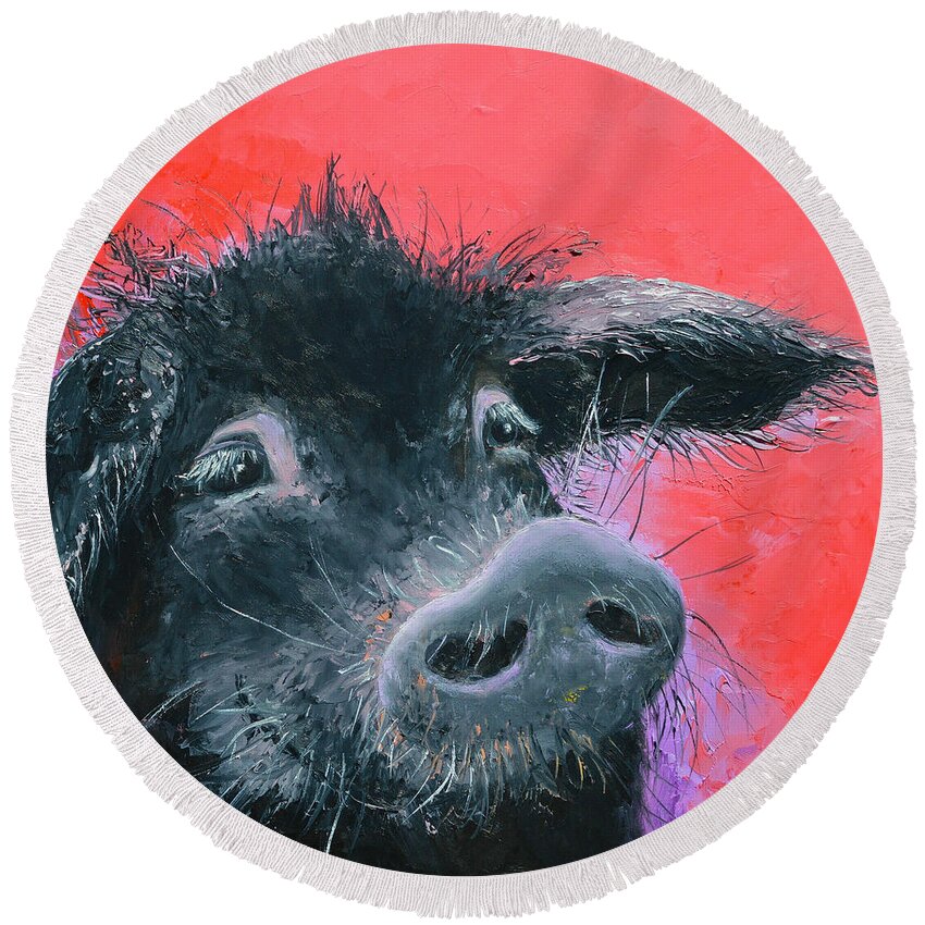 Pig Round Beach Towel featuring the painting Percival the Black Pig by Jan Matson