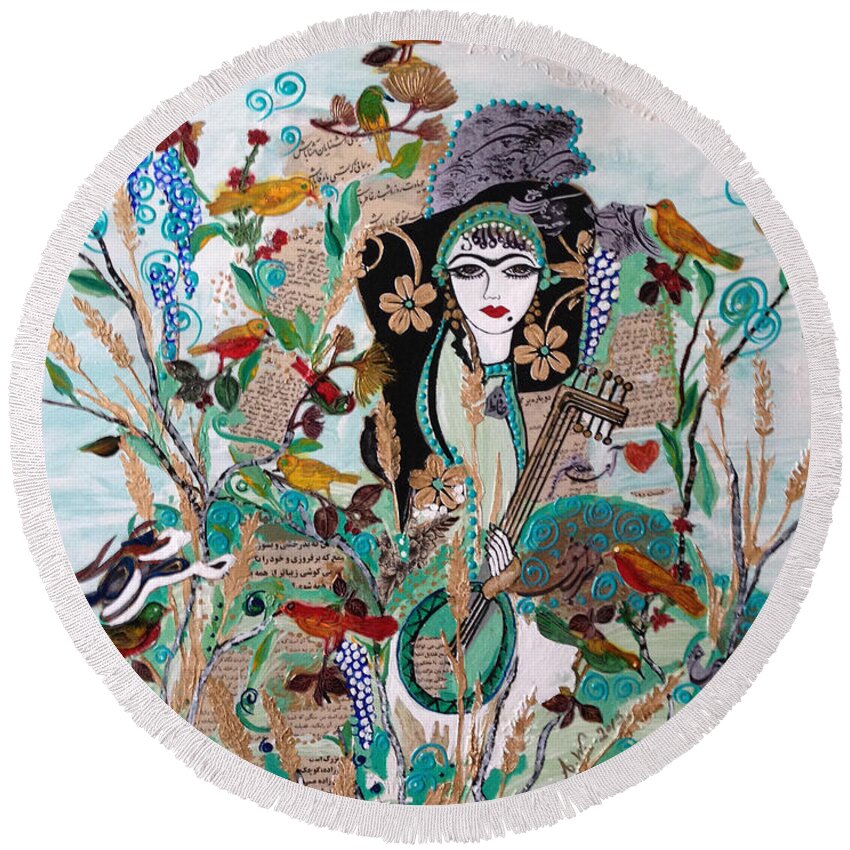 Mixed Media Round Beach Towel featuring the painting Persian painting # 2 by Sima Amid Wewetzer
