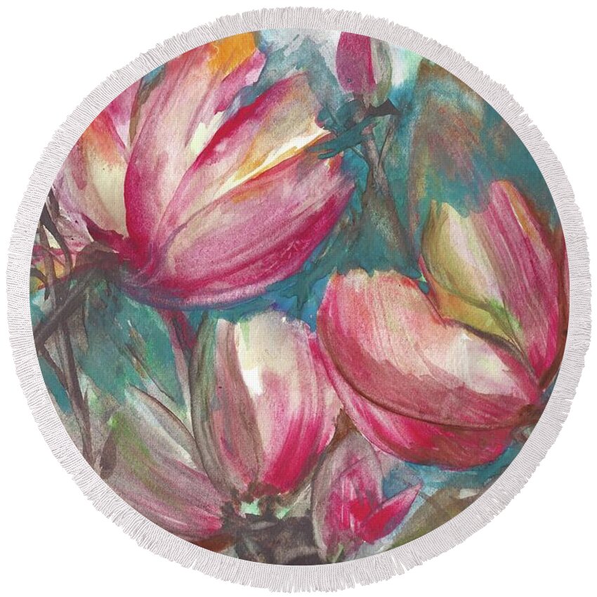 #creativemother Round Beach Towel featuring the painting Petals in Pink by Francelle Theriot