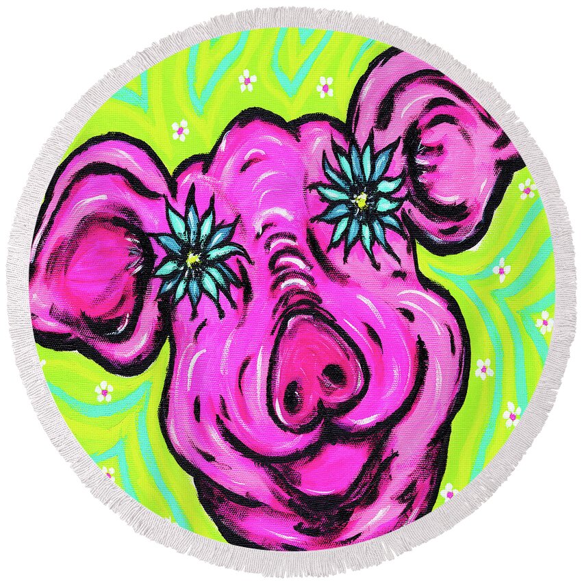 Animal Round Beach Towel featuring the painting Petals Pig by Meghan Elizabeth