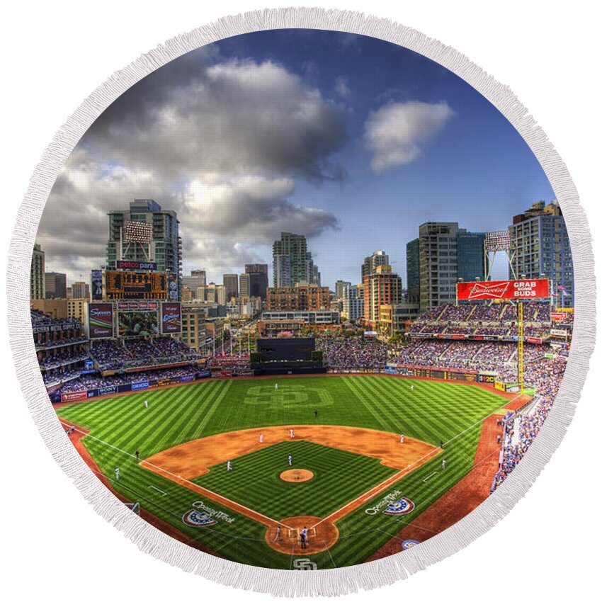 Petco Park Round Beach Towel featuring the photograph Petco Park Opening Day by Shawn Everhart