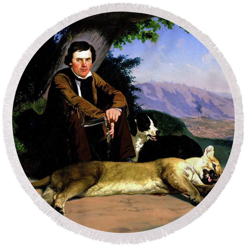 Charles Christian Nahl Round Beach Towel featuring the painting Peter Quivey and the Mountain Lion by Charles Christian Nahl