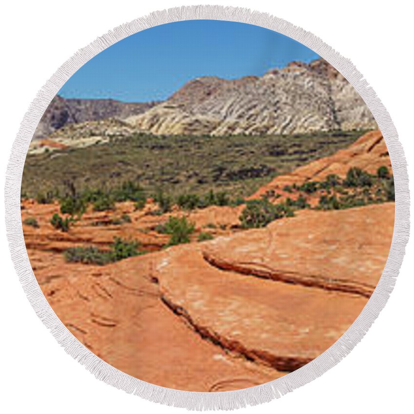 Utah Round Beach Towel featuring the photograph Petrified Dunes Panorama Snow Canyon State Park Utah by Lawrence S Richardson Jr