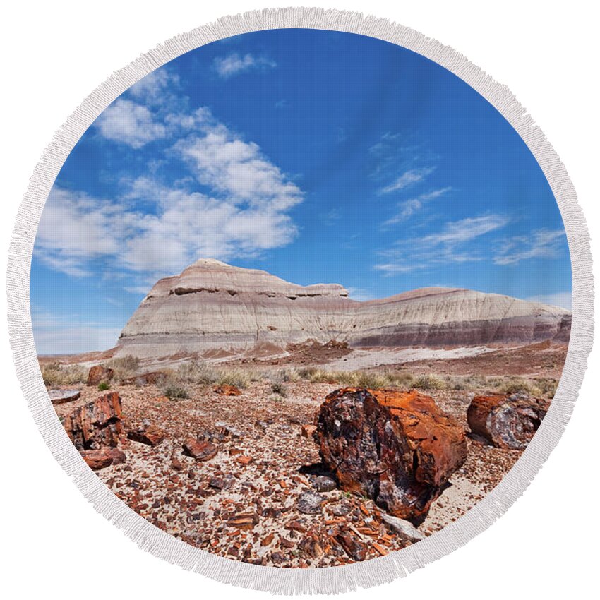 Arid Climate Round Beach Towel featuring the photograph Petrified Logs at Crystal Forest by Jeff Goulden