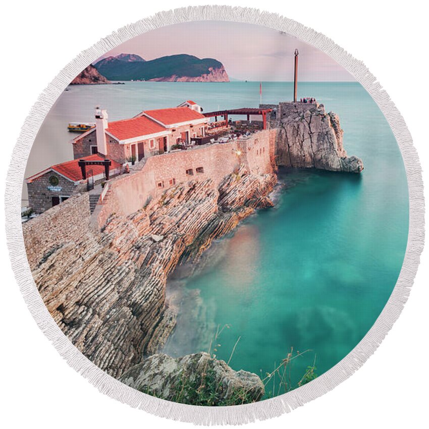 Sunset Round Beach Towel featuring the photograph Petrovac Montenegro landscape by Sophie McAulay