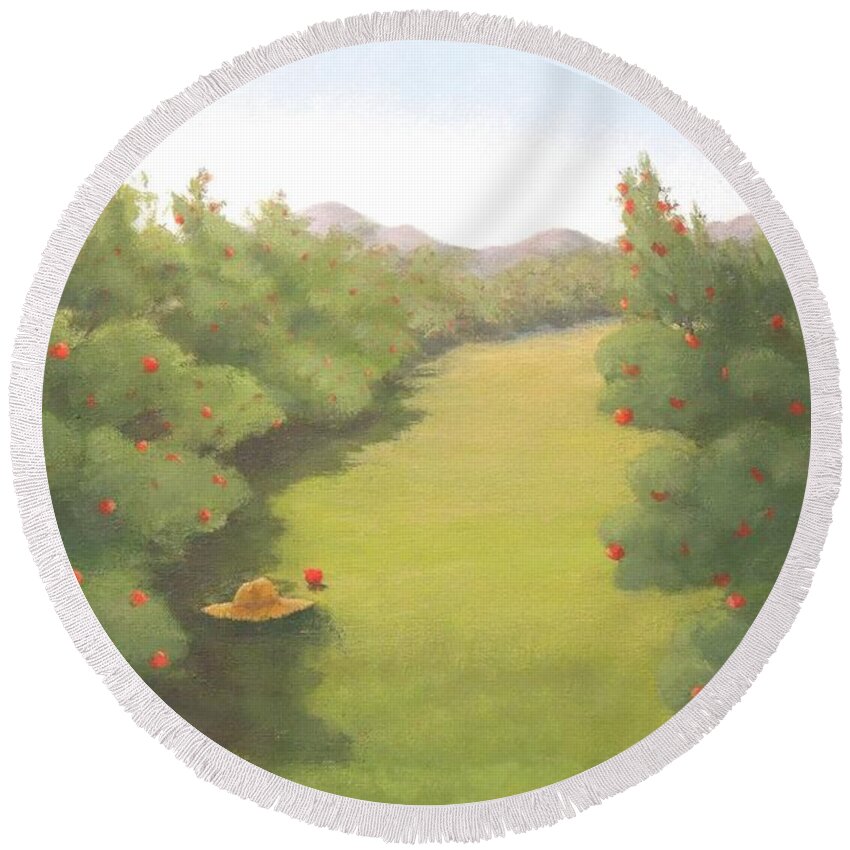 Apples Round Beach Towel featuring the painting Phantom of the Orchard by Phyllis Andrews