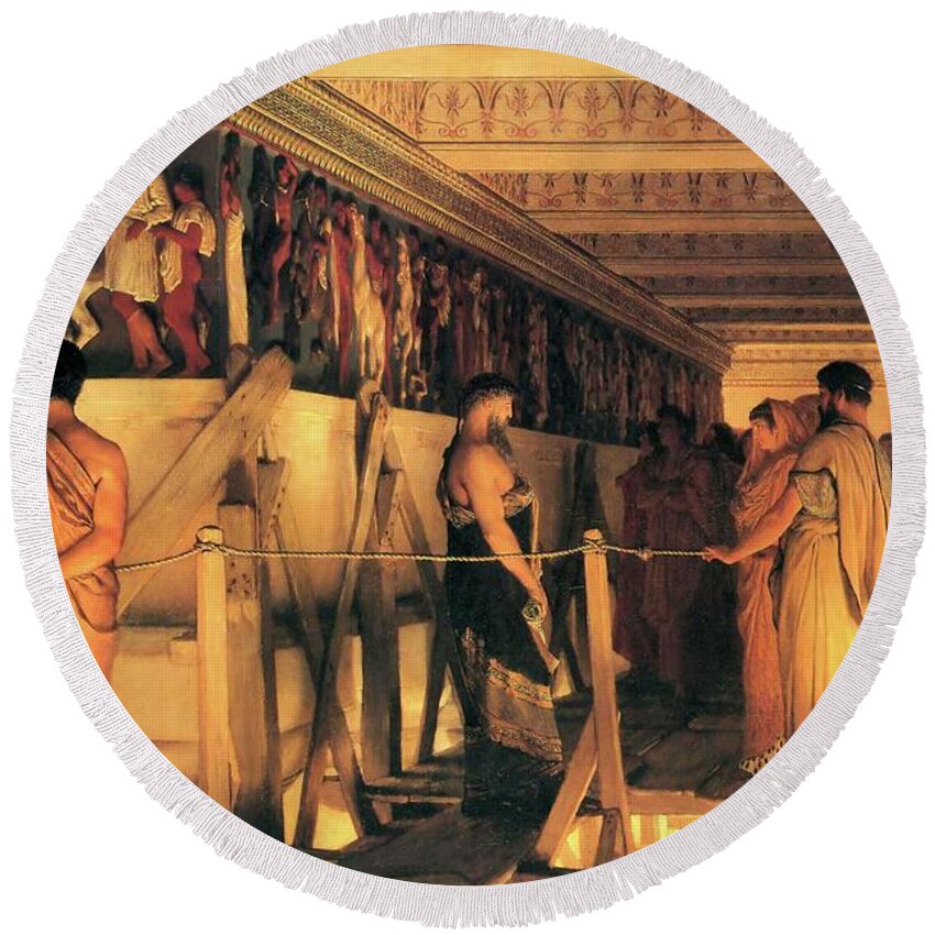 Phidias Round Beach Towel featuring the painting Phidias Shows Friends the Parthenon Frieze by Lawrence Alma Tadema
