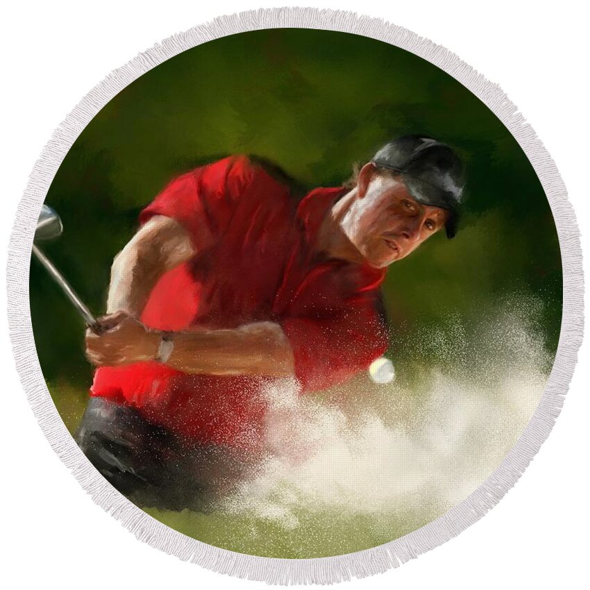Golf Round Beach Towel featuring the painting Phil Mickelson - Lefty in Action by Colleen Taylor