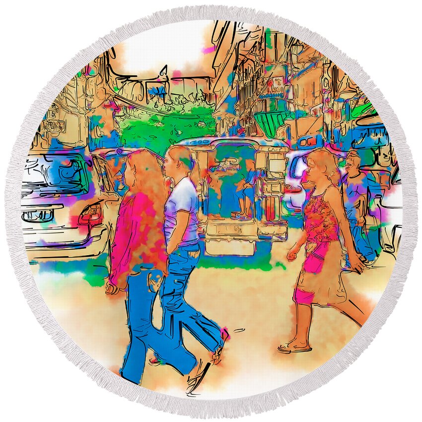 Asia Round Beach Towel featuring the drawing Philippine Girls Crossing Street by Rolf Bertram