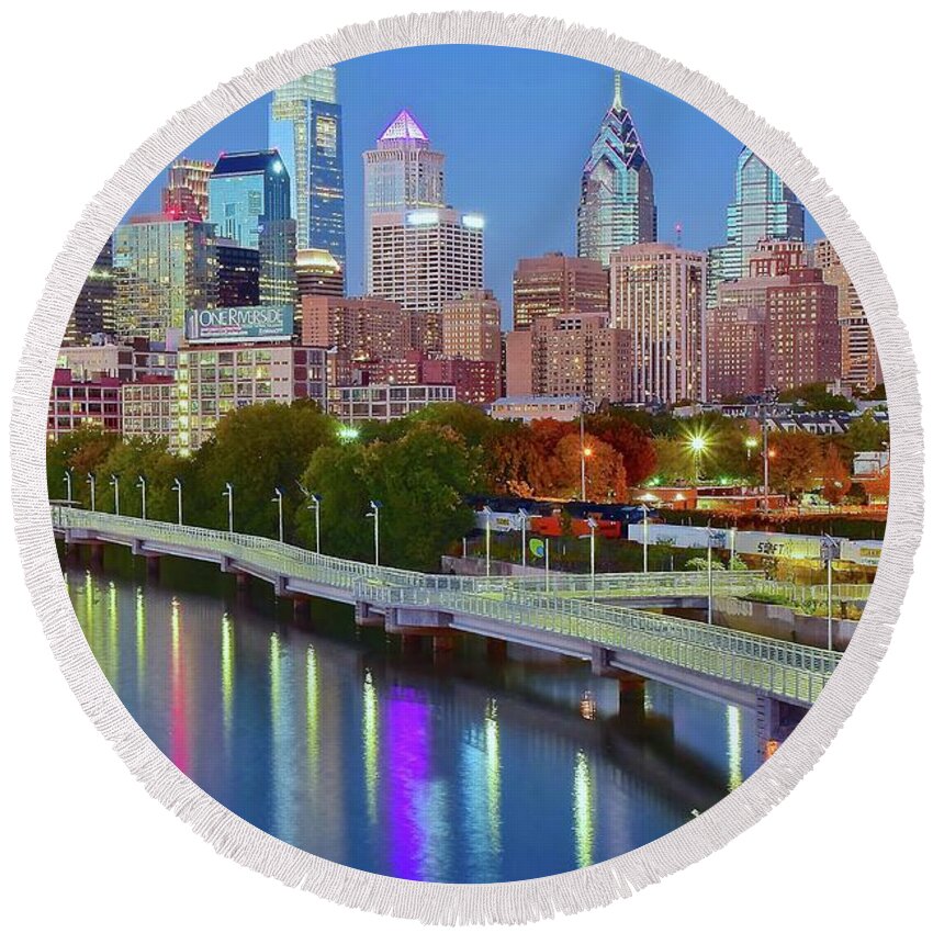 Philadelphia Round Beach Towel featuring the photograph Philly Night Lights 2016 by Frozen in Time Fine Art Photography