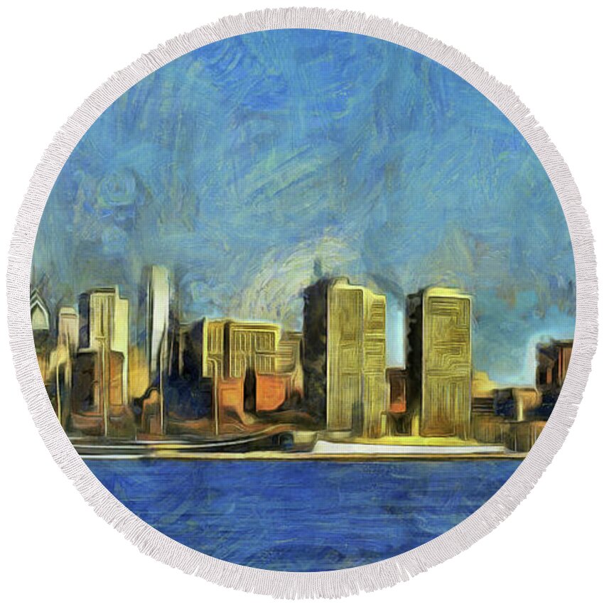 Philly Round Beach Towel featuring the mixed media Philly Skyline by Trish Tritz