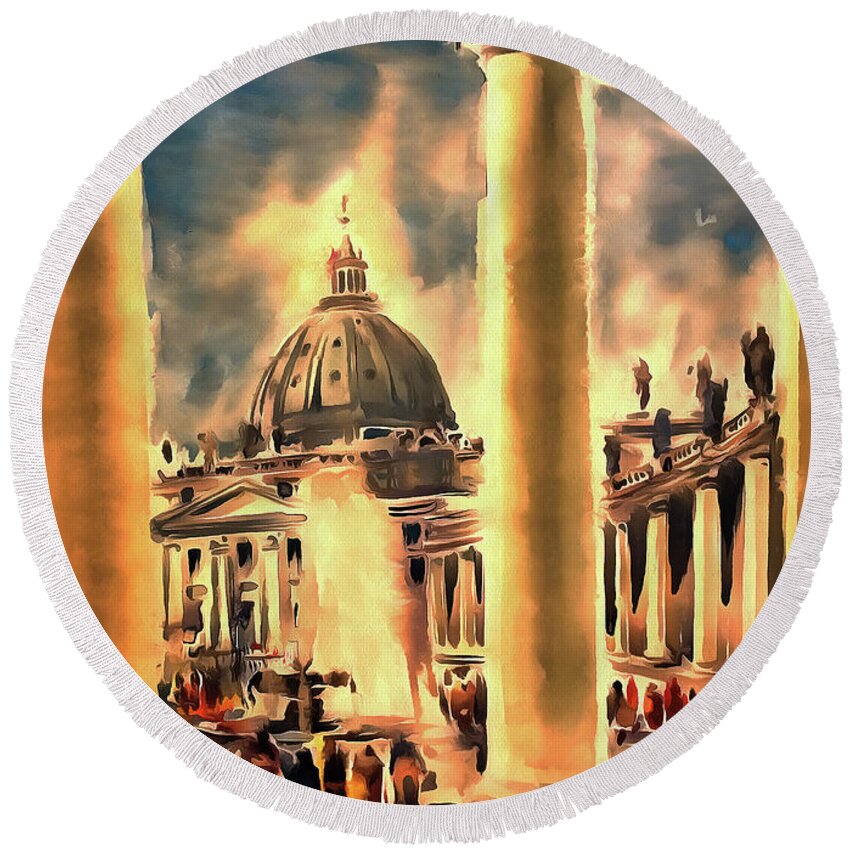  Architecture Round Beach Towel featuring the painting Piazza San Pietro in Roma Italy by Odon Czintos