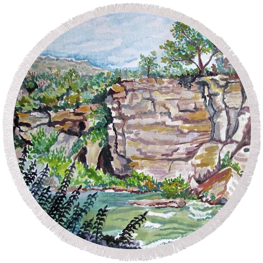 River Scene Round Beach Towel featuring the painting Picnic at Ryan Dam, Montana by Linda Williams