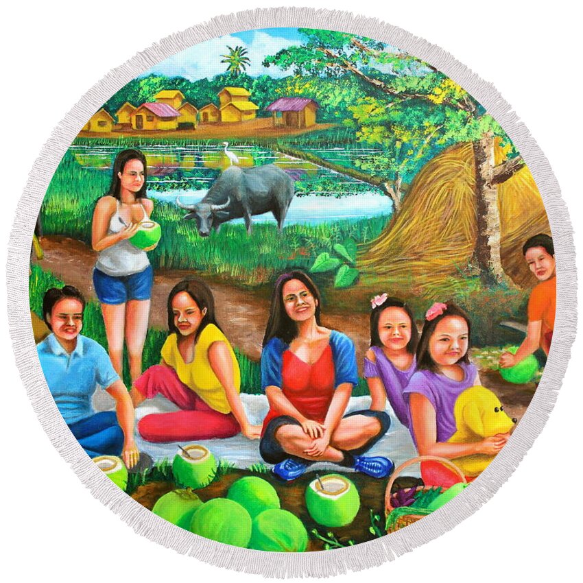 Picnic Round Beach Towel featuring the painting Picnic at the Farm by Cyril Maza
