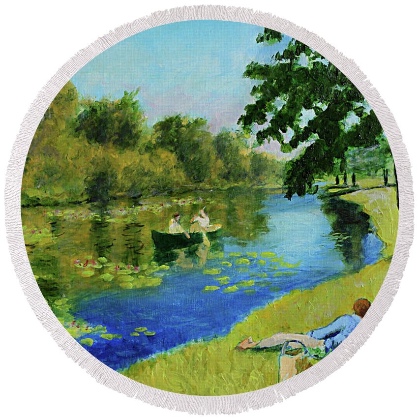 Green Round Beach Towel featuring the painting Picnic By The Pond by David Zimmerman