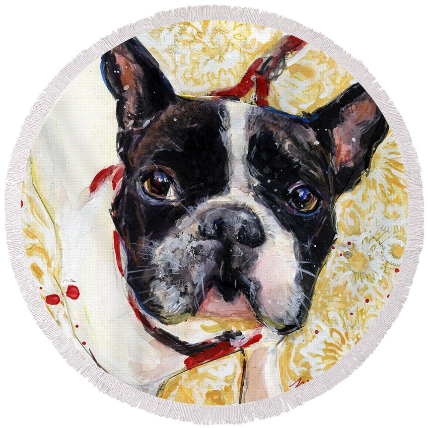 French Bulldog Round Beach Towel featuring the painting Pie and I by Molly Poole