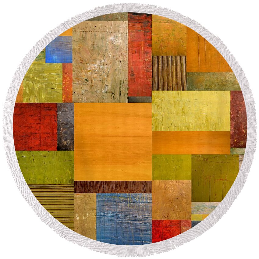 Textural Round Beach Towel featuring the painting Pieces Project ll by Michelle Calkins