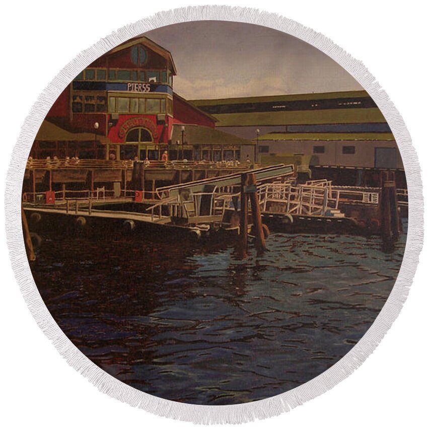 Seattle Waterfront Round Beach Towel featuring the painting Pier 55 - Red Robin by Thu Nguyen