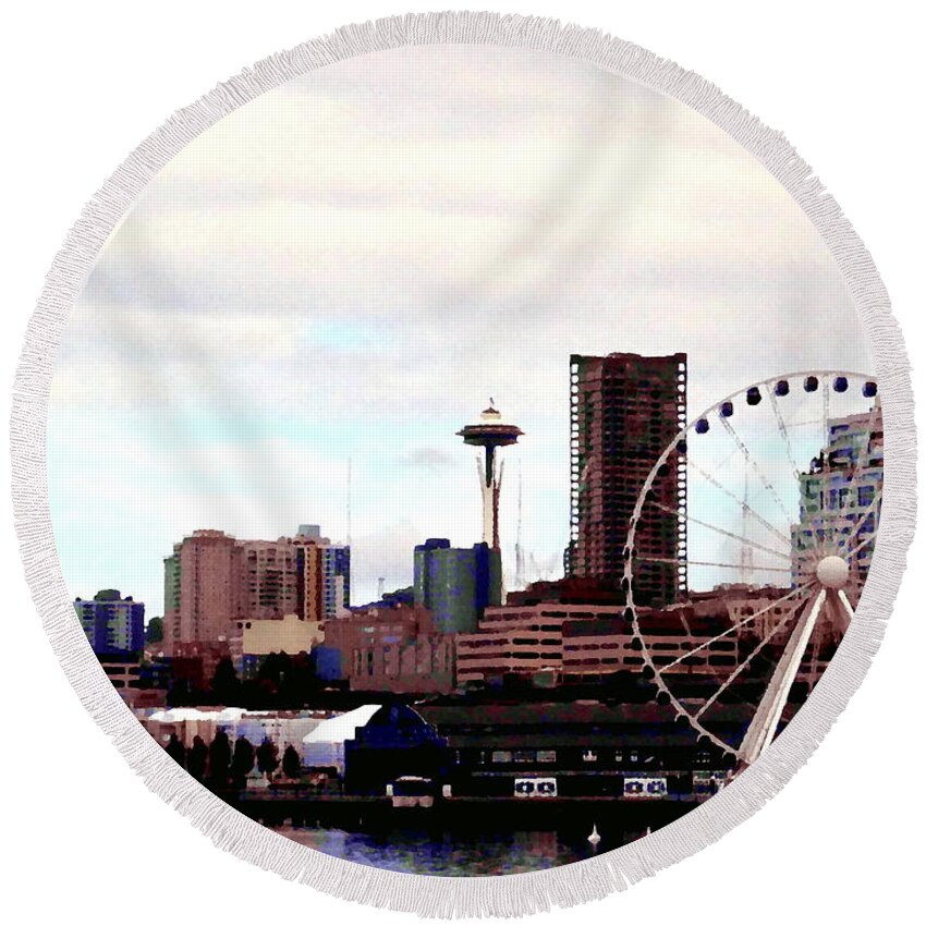 Travel Round Beach Towel featuring the digital art Pier 57 Seattle WA, Abstract by Richard Thomas