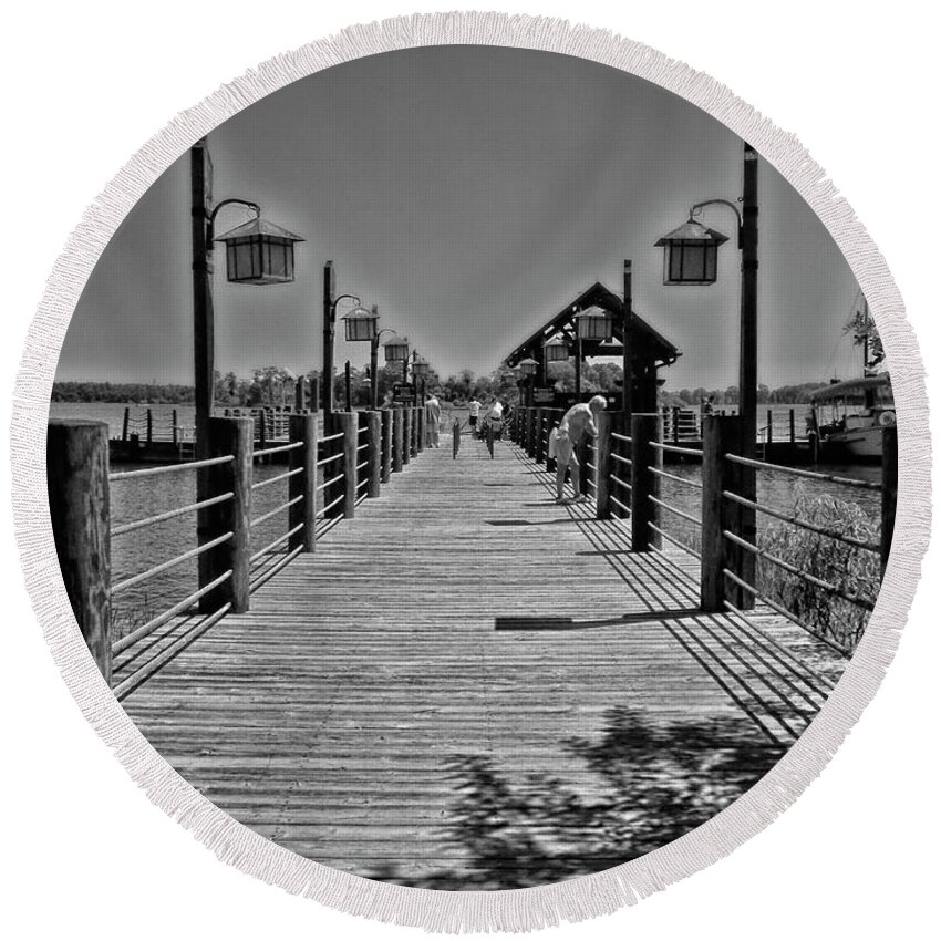 Black And White Round Beach Towel featuring the photograph Pier At Fort Wilderness in Black and White Walt Disney World MP by Thomas Woolworth
