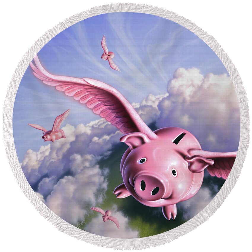 Pigs Round Beach Towel featuring the painting Pigs Away by Jerry LoFaro