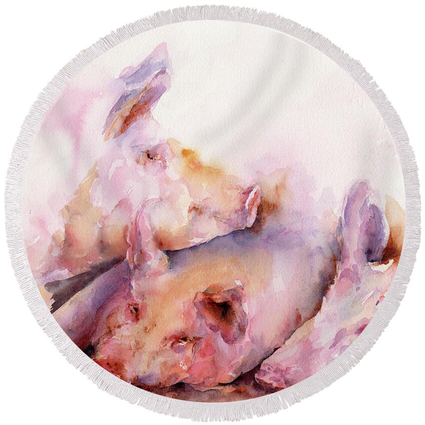 Stephanie Butler Round Beach Towel featuring the painting Pigs in Clover by Stephie Butler
