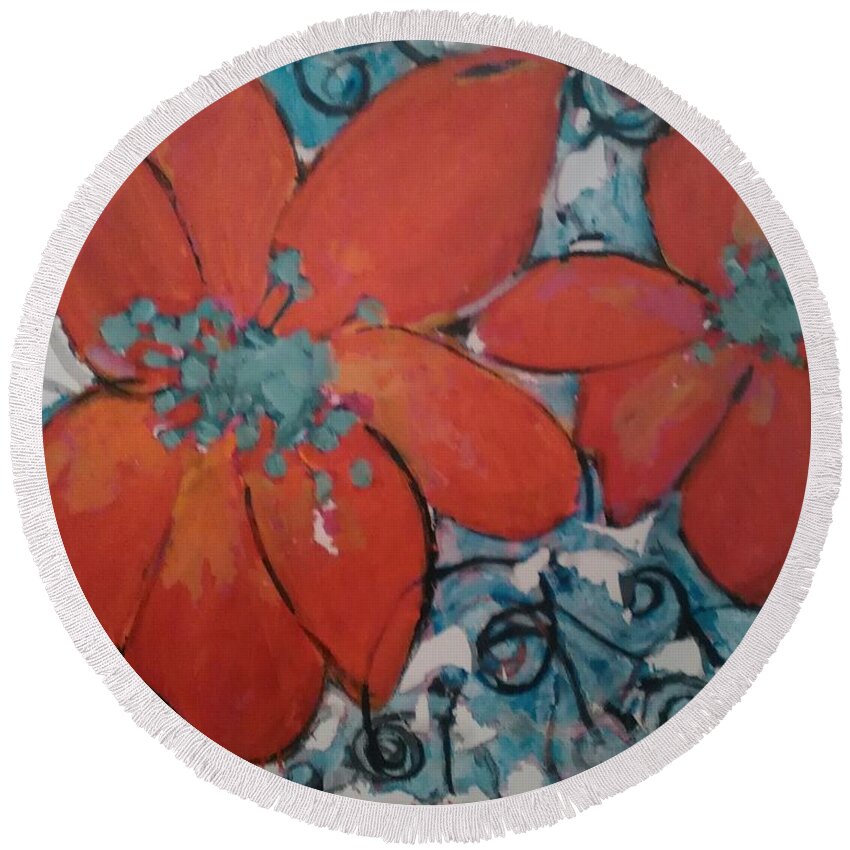 Orange Round Beach Towel featuring the painting Piizzas by Sherry Harradence