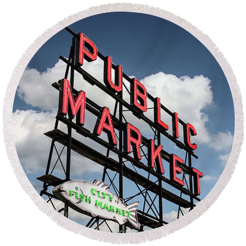 Elliott Bay Round Beach Towel featuring the photograph Pike Place Market by Ed Clark